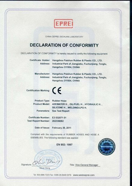 Chine Hangzhou Paishun Rubber &amp; Plastic Co., Ltd certifications